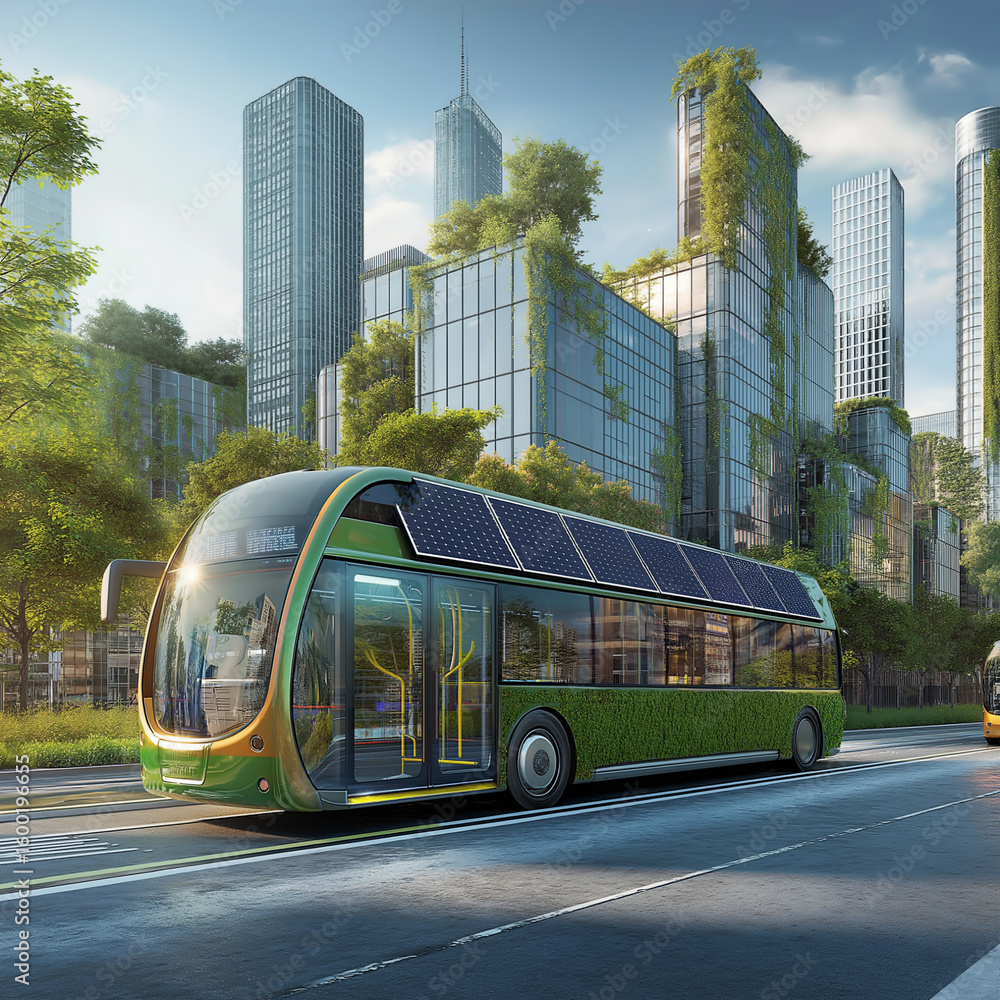 Obraz premium Futuristic electric bus cruising through a green urban landscape during daylight
