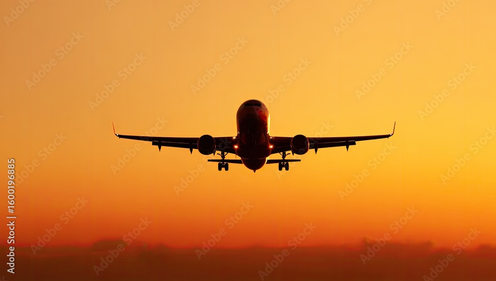 Fototapeta premium Silhouette of a jetliner landing at sunset