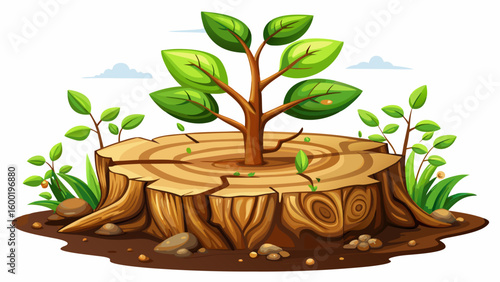  very Beautiful close up  New life growth future concept ,a strong seedling growing in the old center dead tree ,Concept of support building a future focus on new life with seedling growing white back