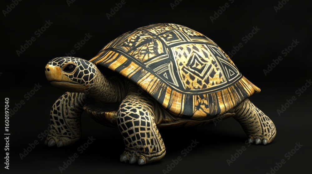 Obraz premium A turtle with a patterned shell is standing on a black background