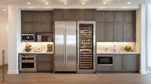 Modern, stylish kitchen bar area with built-in appliances.