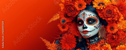 Mexican woman with elaborate sugar skull makeup for Day of Dead celebration, Calavera Catrina, Dia de los muertos, Halloween, traditional Mexican Santa Muerte. Banner with copy space