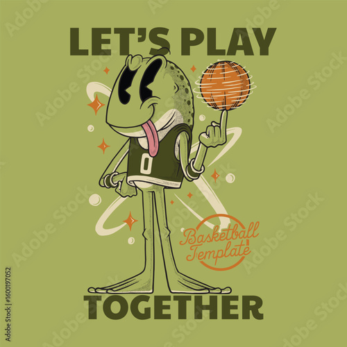 retro cartoon frog mascot spinning basketball on finger