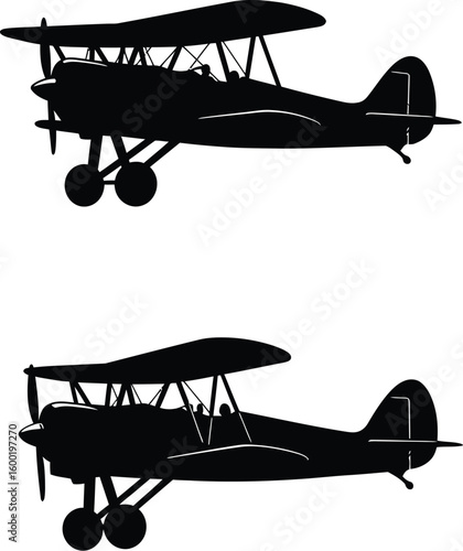 Classic Biplane Silhouette Side View, Aircraft Icon


