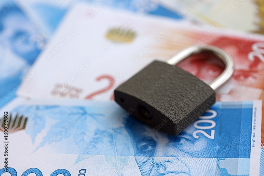 Fototapeta premium Israel New Shekels banknotes and padlock. The current Israel money bills and lock lies on table