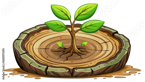  very Beautiful close up  New life growth future concept ,a strong seedling growing in the old center dead tree ,Concept of support building a future focus on new life with seedling growing white back