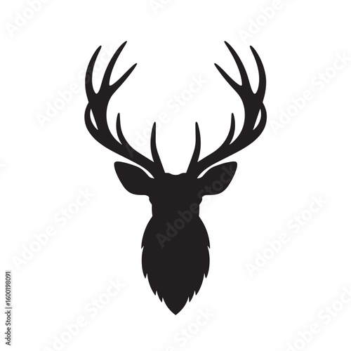 Majestic Black Deer Head Silhouette with Large Antlers - Stag or Buck Vector Illustration for Hunting, Wildlife, and Nature Designs

