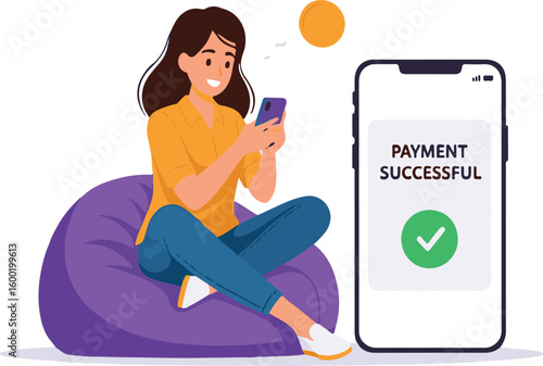 Woman on beanbag using phone with payment successful message on smartphone screen