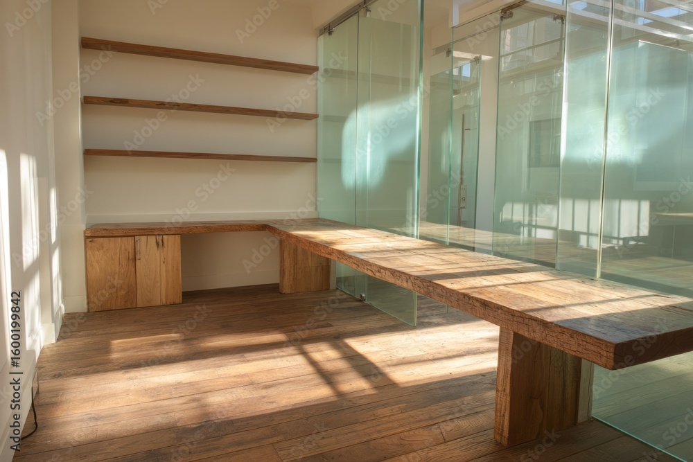 Fototapeta premium Wooden built-in shelving unit with a bench and desk.
