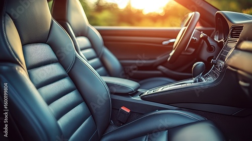 Luxurious dark leather car interior, sunlight streaming in