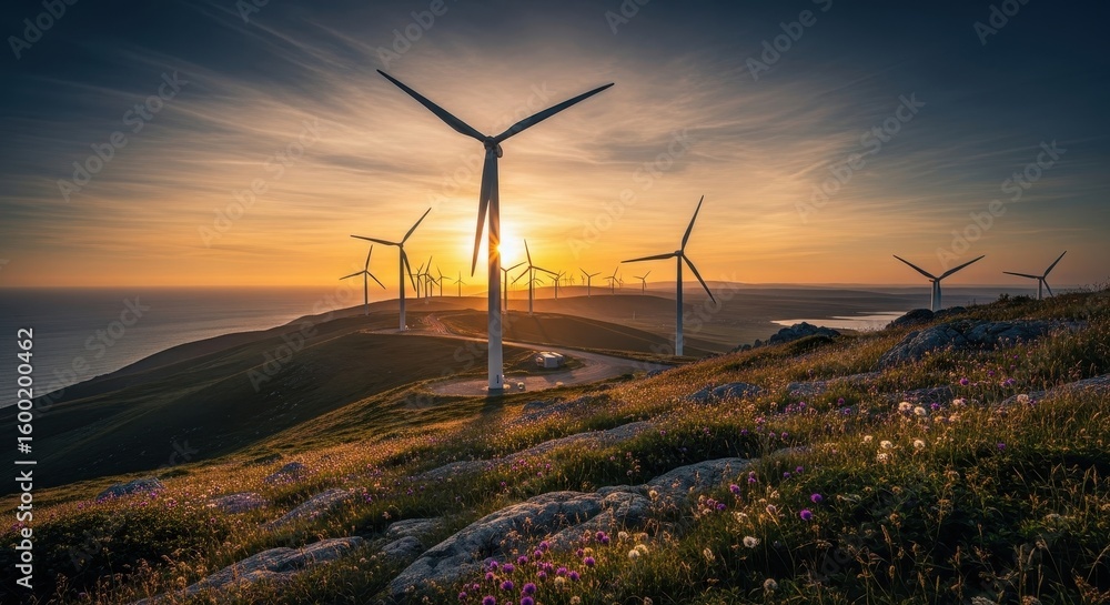 Naklejka premium Wind turbines stand on a hilltop at sunset, generating clean energy, with the ocean visible.