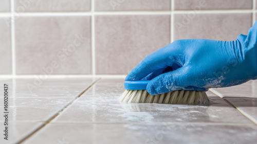 hand with blue protective glove is scrubbing tiles using a brush. grout cleaning and tile maintenance, focusing on hygiene and cleanliness concepts