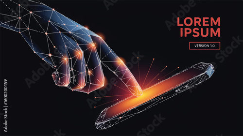 Stylized digital art of a polygonal hand touching a smartphone screen, representing technology