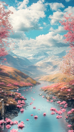 A beautiful landscape with a river and mountains in the background. The river is filled with pink flowers, creating a serene and peaceful atmosphere
