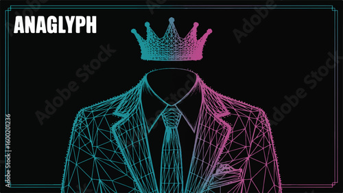 Anaglyph Crowned Figure Illustration: An artistic representation of a figure, depicted with a crown, presented through an anaglyph effect using lines and colors, with a background of deep black.