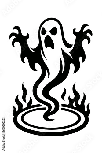 Ghost Rising from Magic Circle Icon Vector - Spooky Apparition with Flames