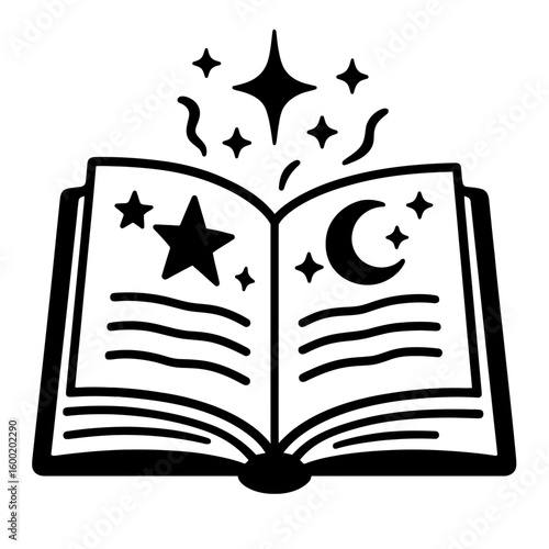 Magic Spell Book Icon Vector - Open Grimoire with Stars and Moon Symbols