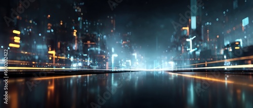 Futuristic Cityscape at Night: Neon Lights and Digital Reflections