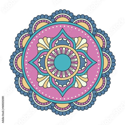 Vector colorful circular mandala isolated on white background. Tribal ornament in pink, yellow and blue colors. Oriental pattern, vintage decorative element for book, card, textile, fashion print. Eth