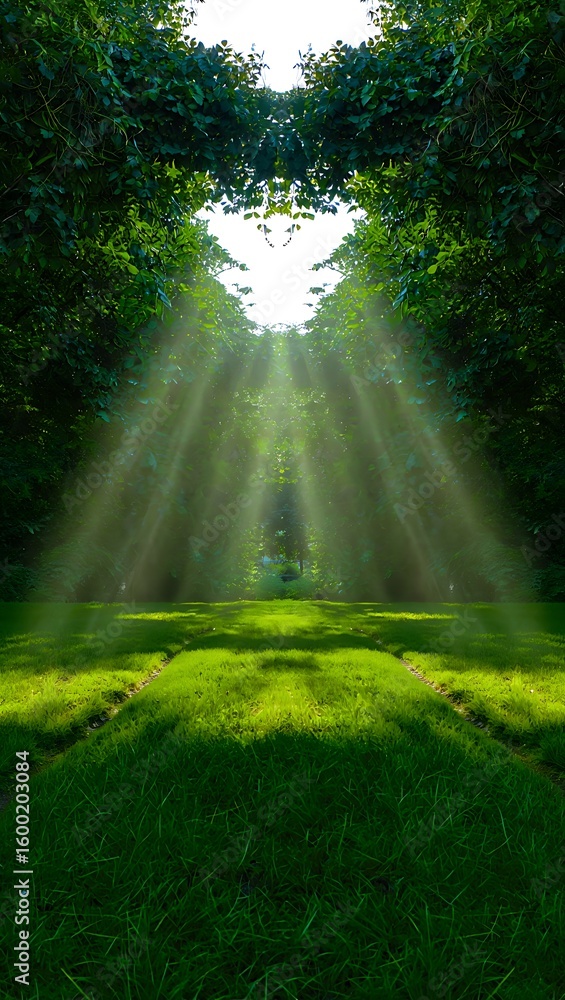 Fototapeta premium Sunbeams through green trees in peaceful forest.