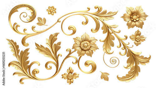 Fototapeta Naklejka Na Ścianę i Meble -  Ornate gold baroque floral elements with swirling leaves and flowers on black background