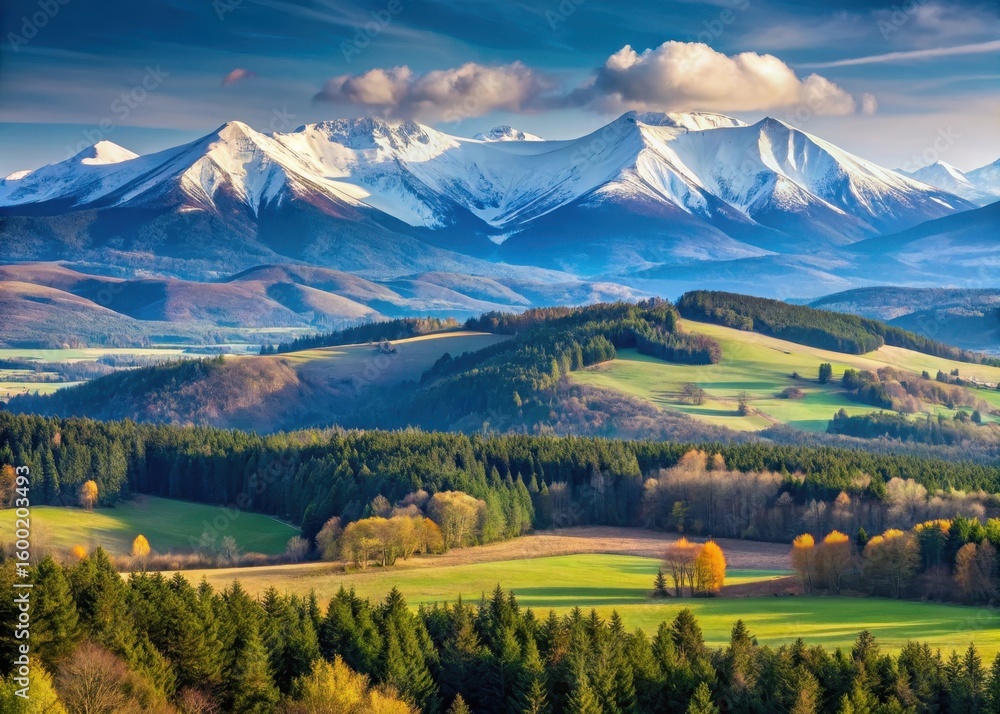 Naklejka premium Panoramic view of Sniezka mountain with characteristic flat-topped summits and snow-capped peaks in the Polish Sudetes mountains