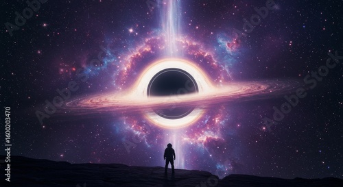 Cosmic encounter: An astronaut faces a luminous black hole amidst a starfield galaxy