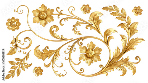 Ornate gold baroque floral scrollwork with leaves and flowers isolated on black background