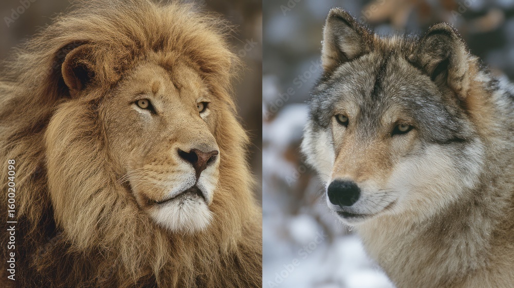 Obraz premium Lion and wolf portrait