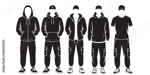 Silhouettes of five figures wearing hoodies jackets t shirts and cargo pants in black and white