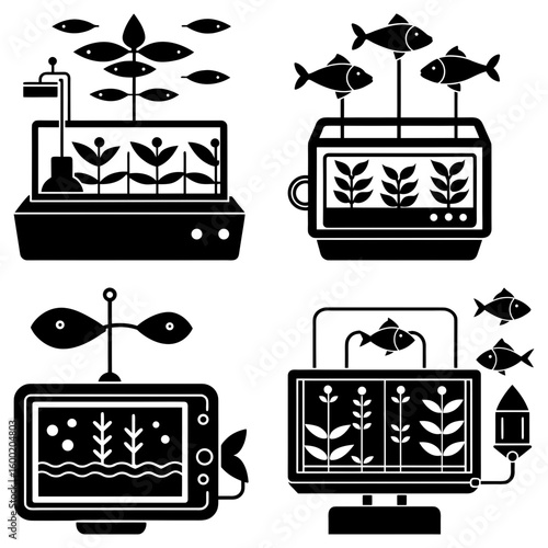 Four stylized aquaponics systems with fish and plants in black and white illustration style