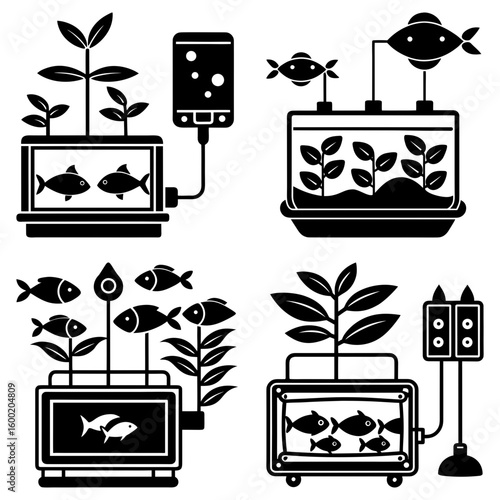 Collection of aquaponic systems showing fish tanks with plants and various system components shown