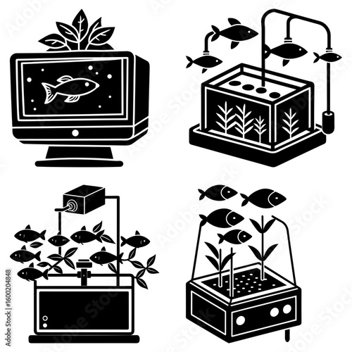 Illustration showing four aquaponics systems with fish and plants in black and white style
