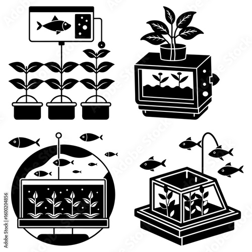 Illustration of four different aquaponic systems with plants and fish in a black and white style