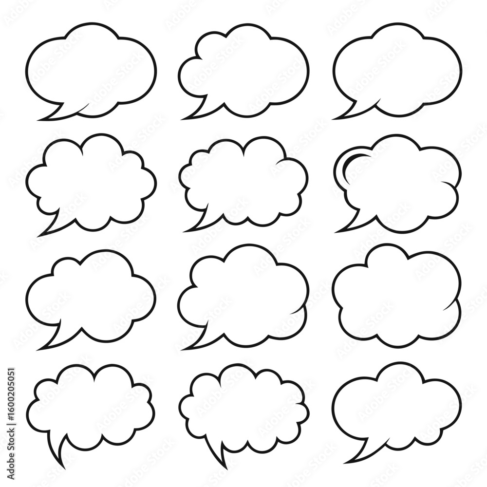 Twelve blank white comic book speech bubbles with black outlines arranged in a grid talk thought Twelve blank white comic book speech bubbles with black outlines arranged in a grid talk thought