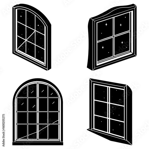 Illustration of four different window styles with various pane arrangements and frame designs in black and white