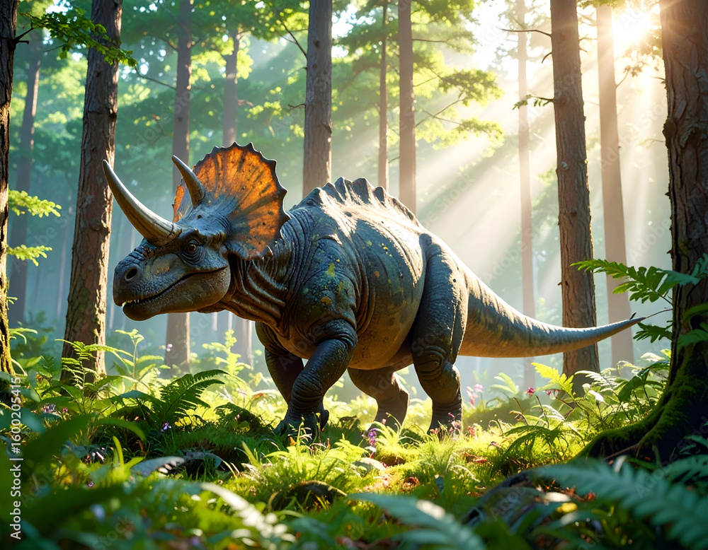 Fototapeta premium Triceratops in sundappled forest.