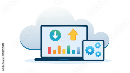 Illustration of a laptop with data charts and arrows with a cloud and settings icon beside it