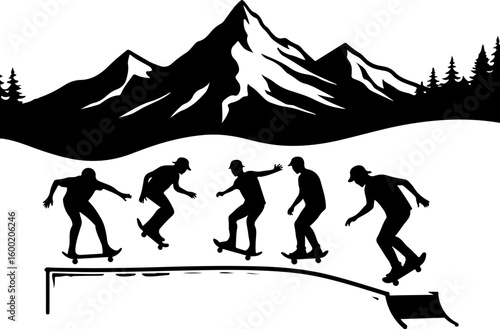 "Mountain Skateboarding Silhouette Scene" vector bundle