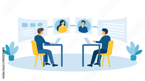 Two people in a video conference call with screens and laptops in a bright and modern office setting