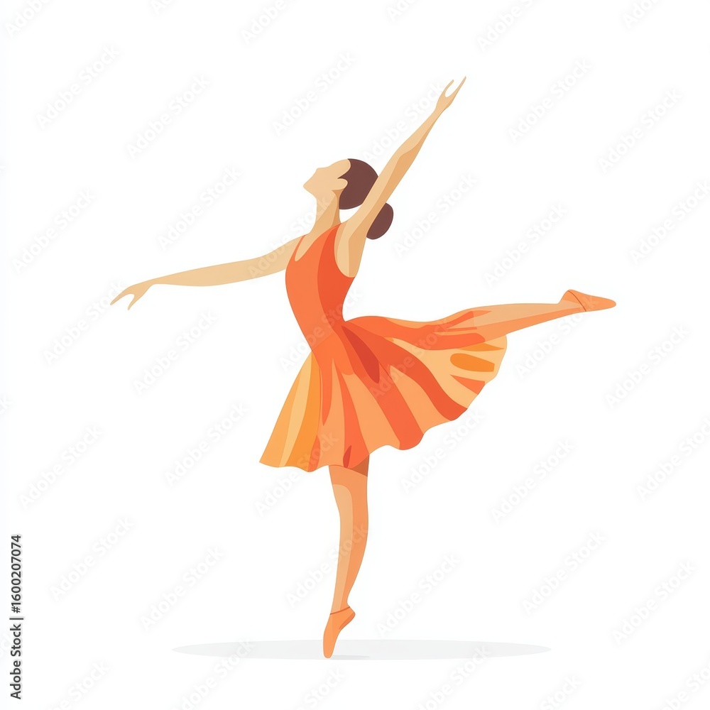 Fototapeta premium A woman in a red dress is dancing in the air. She is wearing a pair of pink shoes