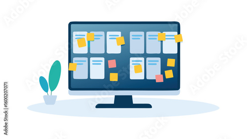 Illustration of a monitor displaying a kanban board with sticky notes and a plant on the side