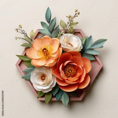 Peach and white paper flowers on hexagonal tray floral arrangement