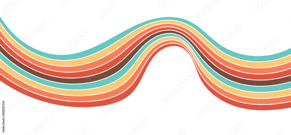 Fototapeta premium Colorful abstract retro rainbow background featuring vibrant lines, Abstract background of rainbow groovy Wavy Line design in 1970s Hippie Retro style.