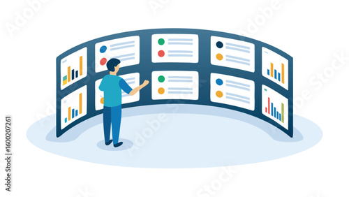 Person analyzing data on a curved wall of screens with charts and indicators displayed clearly