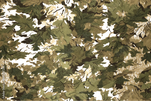 A camouflage pattern in olive green and beige, perfect for military or outdoor settings. Real tree forest camouflage seamless pattern design pattern for hunting and military uniform. 