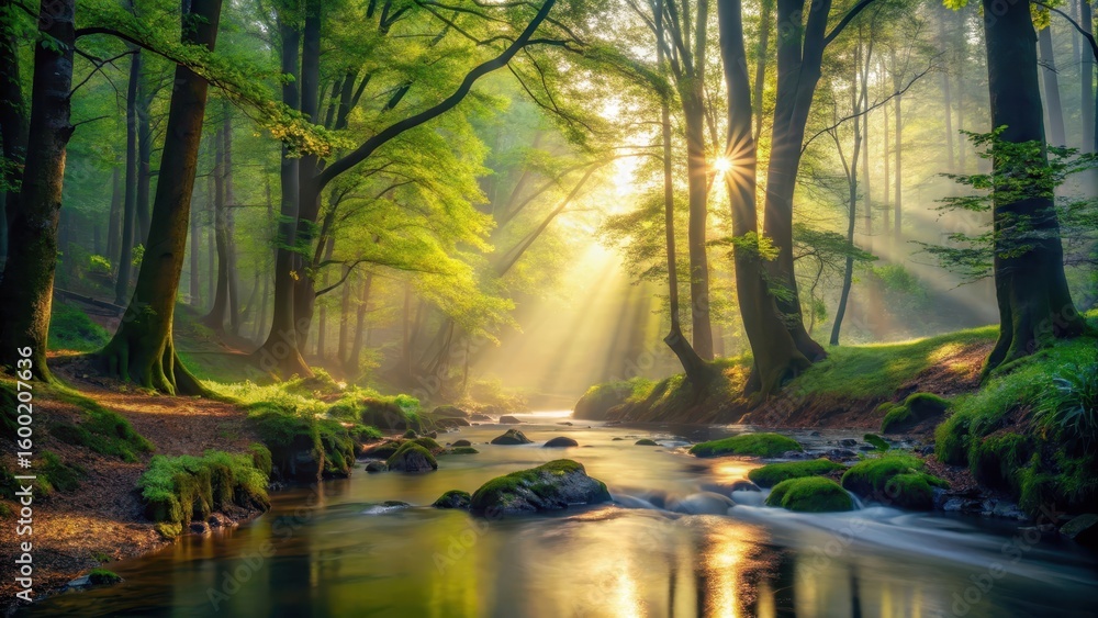 Fototapeta premium A misty forest stream at dawn with sunlight filtering through trees