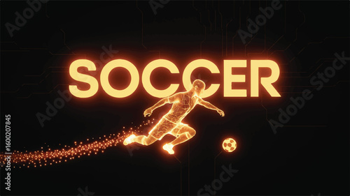 Soccer Action: A dynamic image captures the essence of the sport with a glowing soccer player in motion, kicking the ball. Emphasizing energy, speed, and the excitement.