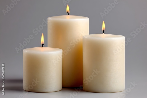 Wallpaper Mural Three ivory candles of various sizes burning against a neutral background Torontodigital.ca