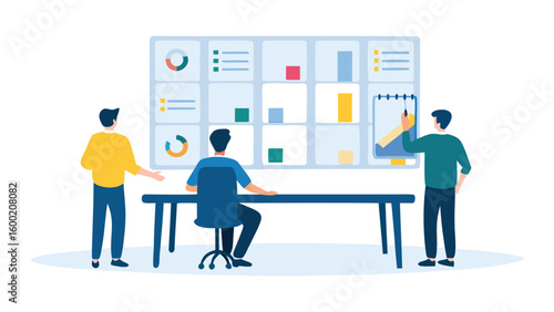 People collaborating on a project with charts and graphs displayed on a board in a modern office space